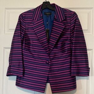 NWT BEAUTIFUL TALBOTS WOMANS COTTON/SILK NAVY & RASPBERRY STRIPED BLASER SZ 12p